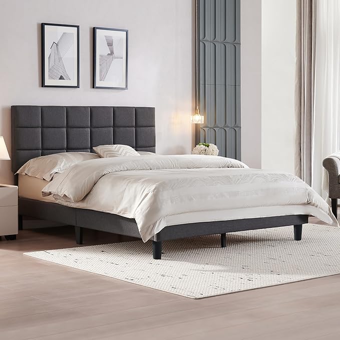 BedsPick Full Size Bed Frame with Fabric Upholstered Headboard, Bed Frame Full Size with Solid Wooden Slats Support, No-Noise, Easy Assembly, No Box Spring Needed with 800LBS, Grey