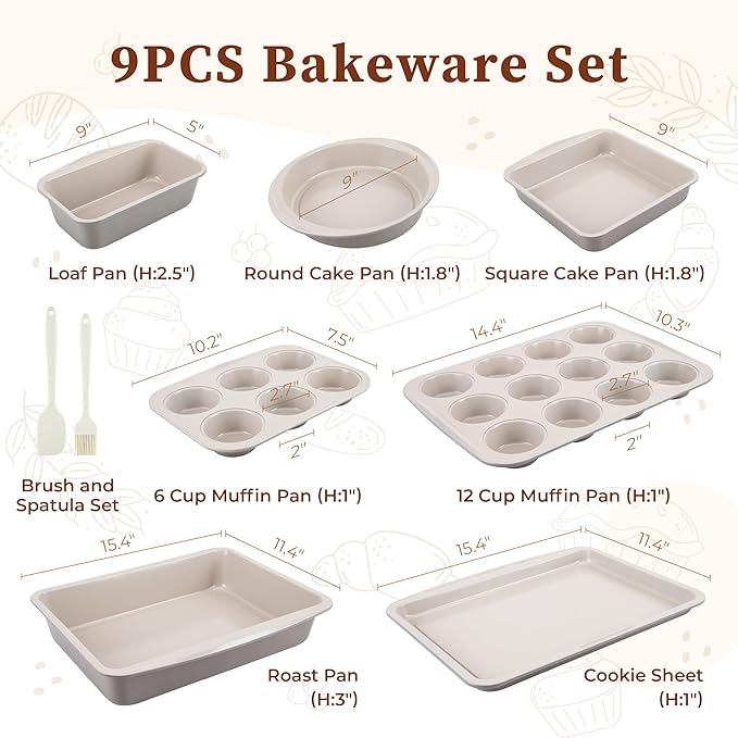 CARTMAN Bakeware Set 9-pieces Brown with Round/Square Cake Pan,Loaf Pan,6/12 Cup Muffin Pan,Cookie Sheet, Brush and Spatula, Carbon Steel Bake Set, Nonstick Stainless Steel Baking Pans Set