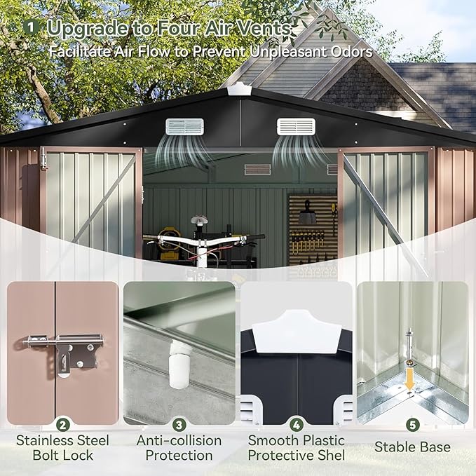 Aoxun 10x10 FT Shed Outdoor Storage Shed with Base, Large Shed Steel Utility Tool Shed Storage House with Door & Lock, Metal Sheds with Sloped Roof for Garden Patio Lawn Poolside, Brown