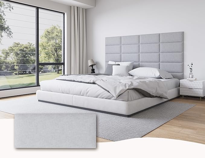 Fabric Light Grey Queen Size Upholstered Headboard, 12PCS Stick-On Bed Wall Panels, Wall Mounted Bed Head Board, Espaldar de Cama Queen, 10"x24" Each, Fabric - Light Grey