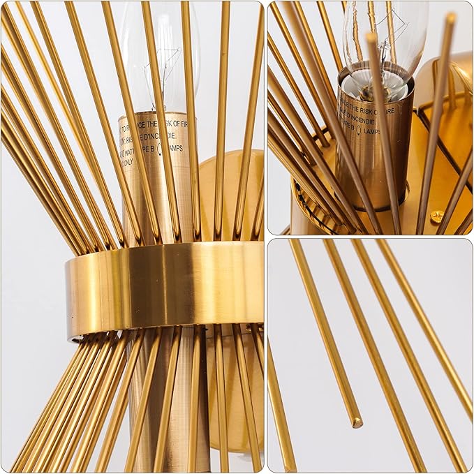 VILUXY Mid-Century Plug in Wall Sconces Antique Brass Brush Paint Finish with Starburst Shade and ON/Off Switch Cord for Bedside, Bedroom, Hallway, Entryway, Passway, Vanity 2 Pack