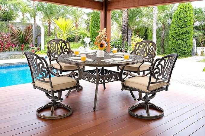 5 Piece Outdoor Dining Set Cast Aluminum, Retro Patio Dining Furniture Set for 4 Includes 54’’ Round Table 4 Swivel Chairs with Thicker Cushion and Umbrella Hole for Patio Deck Garden