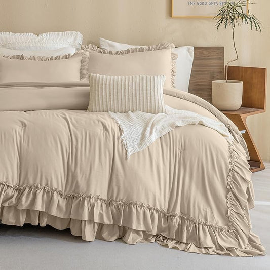 Queen's House Ruffled King Size Comforter Set,Linen Feel Textured Farmhouse Lightweight Fluffy Boho Chic Bedding Comforter,Ultra Soft Microfiber Inner Fill Bedding