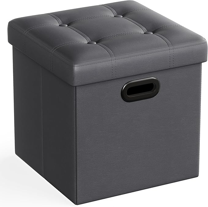 SONGMICS Mazie Collection - 15 Inches Ottoman with Storage, Footstool, Storage Ottoman with Metal Grommet Handles, Load 660 lb, for Dorm, Living Room, Bedroom, Synthetic Leather, Dark Gray ULSF030G01