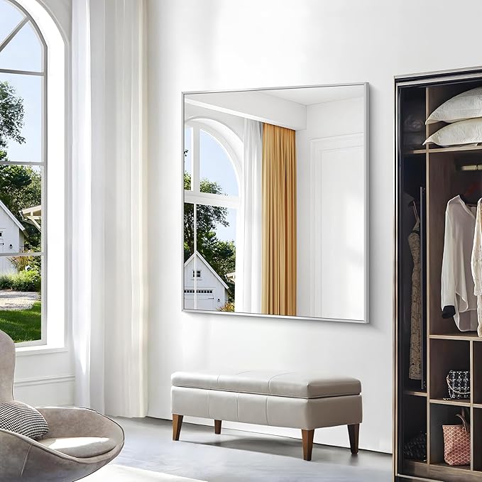 BONEWEI Silver Bathroom Mirror,40x48 inch Wall Mirror for Bathroom Wall Mounted,Large Rectangle Mirror for Bathroom Over Sink,Modern Metal Frame for Living Room,Bedroom Entryway,Horizontal/Vertical