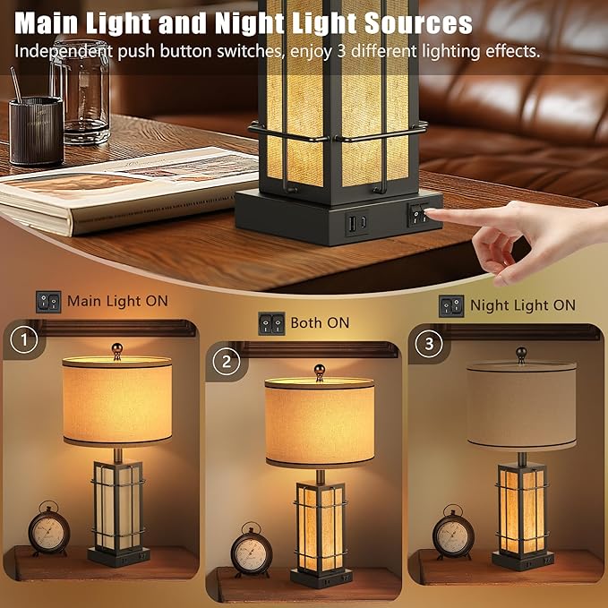 Black Table Lamps Set of 2, 24" Farmhouse Lamps for Living Room with USB C+A Ports, Industrial Retro Lamps for Bedroom, Nightstand Light Fixture, 2 Bulbs Included