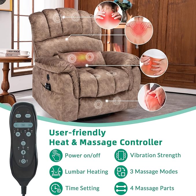 VIVIJASON Tall Man Large Dual Motor Power Lift Recliner Chair with Extended Footrest, Overstuffed Lay Flat Sleeper Electric Recliner W/Heat & Massage, Lumbar Pillow, USB & Type-C Ports, Plush Brown