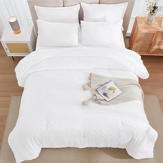 Andency White Comforter Queen Size Set with Sheets - 7 Pieces Boho Bed in a Bag Tufted Bedding Sets Lightweight All Season Bed Set with Comforter, Sheets, Pillowcases & Shams