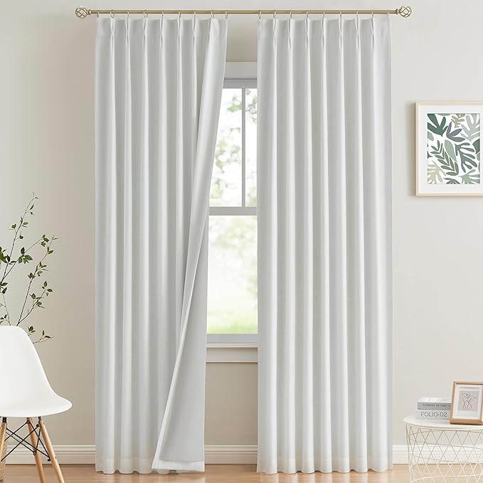 Vision Home White Pinch Pleated Full Blackout Curtains Thermal Insulated Window Curtains 102 inch for Living Room Bedroom Room Darkening Pinch Pleat Drapes with Hooks Back Tab 2 Panel 102" Lx40 W