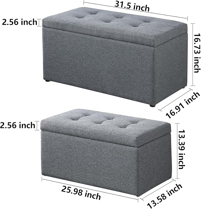 Storage Ottoman Bench with 2.56-inch Thick Seat, 31.5 inch Nesting Ottoman Set of 2, Hinged Flip Top Bench with Storage for Living Room, Bedroom, Grey