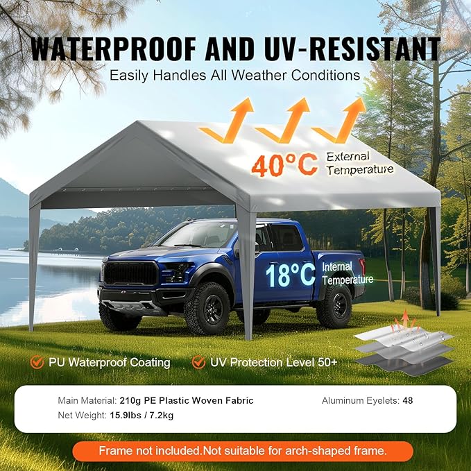 VEVOR Carport Replacement Canopy Cover 12 x 20 ft, Garage Top Tent Shelter Tarp Heavy-Duty Waterproof & UV Protected, Easy Installation with Ball Bungees,Grey (Only Top Cover, Frame Not Include)