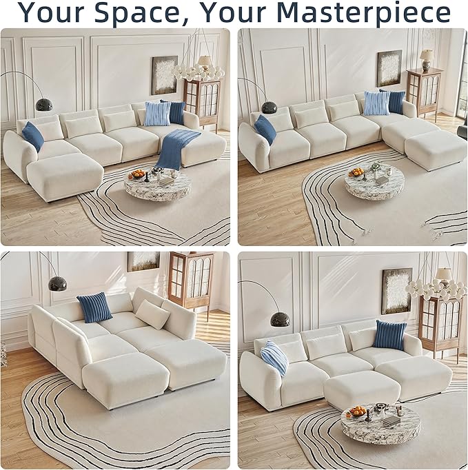 Sectional Sofa Couch, Modern Convertible U Shaped Sectional Couch with Ottoman, Modular Sectional Sofa Cloud Couches for Living Room (White, 3 Set + 1 Ottoman)