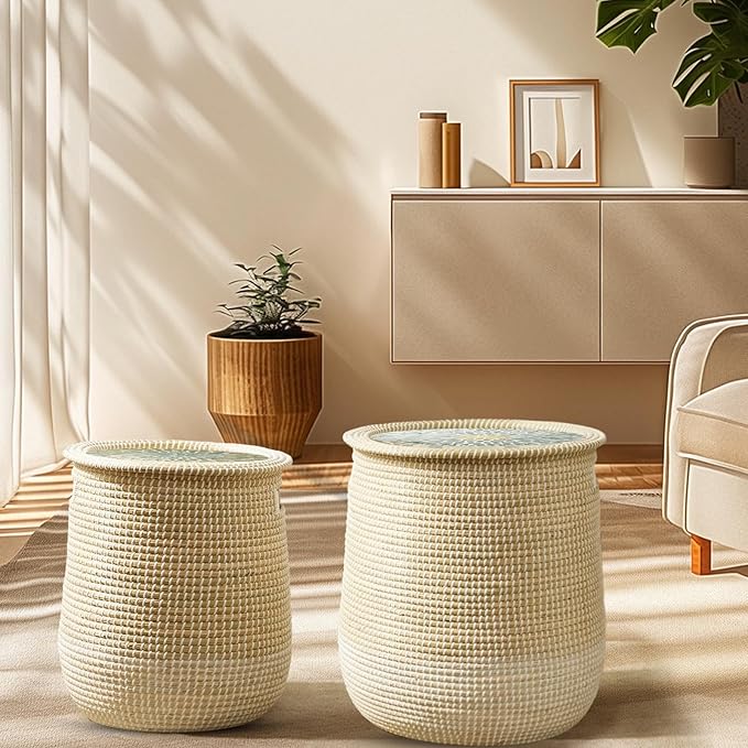 2 Pack Laundry Baskets Hamper with Removable Laundry Bag, Pure Handwoven Storage Basket, Natural Seagrass Decorative Clothes Hamper for Living Room household, Toy Blanket Plant Organization