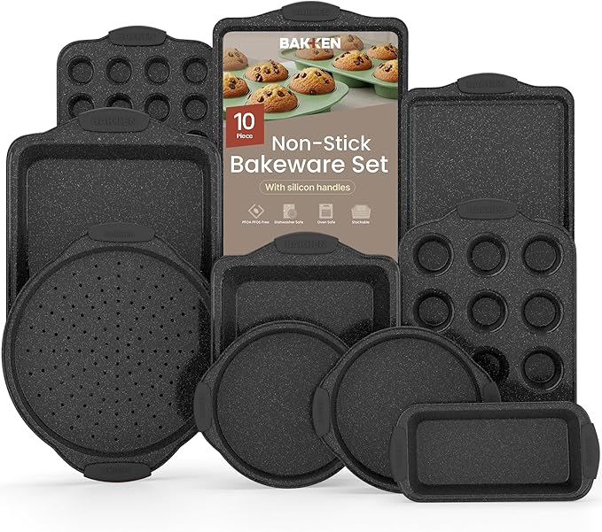 BAKKEN Kitchen Baking Pan Set - Nonstick Coating, Carbon Steel Bakeware Sets with Gray Silicone Handles, Baking Kitchen Essentials, PFOA, PFOS, PTFE Free, Oven Safe Tray (Up To 450° F), Set of 10