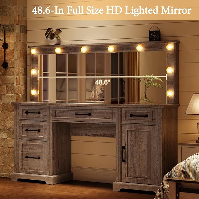 55" Farmhouse Vanity Desk with Large Mirror & Lights, Glass Top Large Makeup Vanity Table with 10 Hollywood Lights Bulbs, Charging Station, 5 Drawers, Dressing Table for Bedroom, Rustic Grey