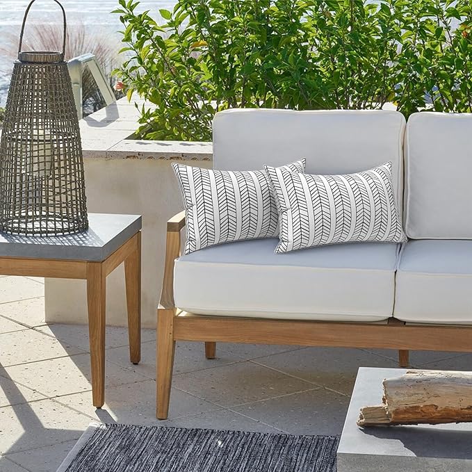 LVTXIII Set of 2 Outdoor Lumbar Pillows for Patio Furniture with White Piping, 12"x20" Fade Resistant Patio Lumbar Pillows with Inserts for Home Coach Sofa Use, Herringbone Black White