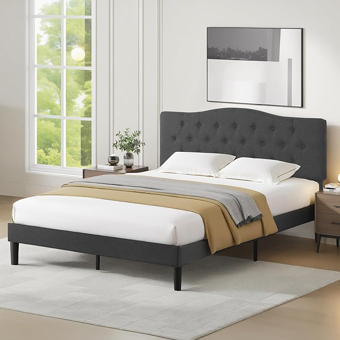 VECELO Queen Size Platform Bed Frame with Fabric Upholstered Headboard and Wooden Slats Support, No Box Spring Needed/Easy Assembly,Grey