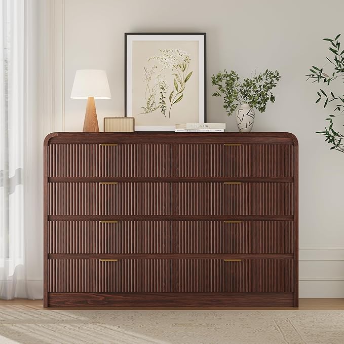 FURSUN Fluted 8 Drawers Dresser for Bedroom, 55" Wide Wooden Dresser with Metal Handle, Curved Profile Design, Modern Storage Organizer for Living Room, Hallway (Walnut)