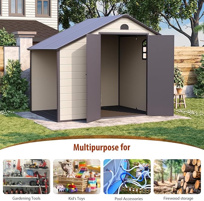 8.5 ft. W x 6.3 ft. D Resin Outdoor Patio Storage Shed with Firewood Rack, Floor and Lockable Door
