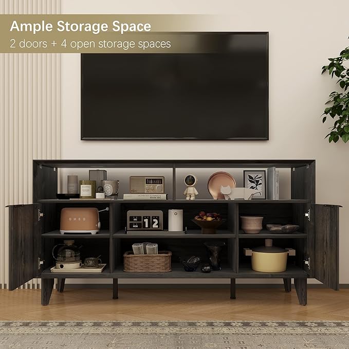 Fluted TV Stand for 70 inch，Entertainment Center with Storage Cabinets, Modern TV Console with Open Adjustable Shelves, TV Stand for Living Room Bedroom, Black&Grey