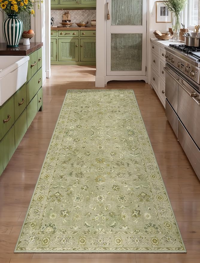 Tangsoo 2x6 Washable Runner Rug for Hallways, Non Slip Floral Vintage Runner, Soft Low Pile Long Rug, Print Distressed Flaxen Green Carpet Runners for Kitchen Bedroom Entryway Living Room