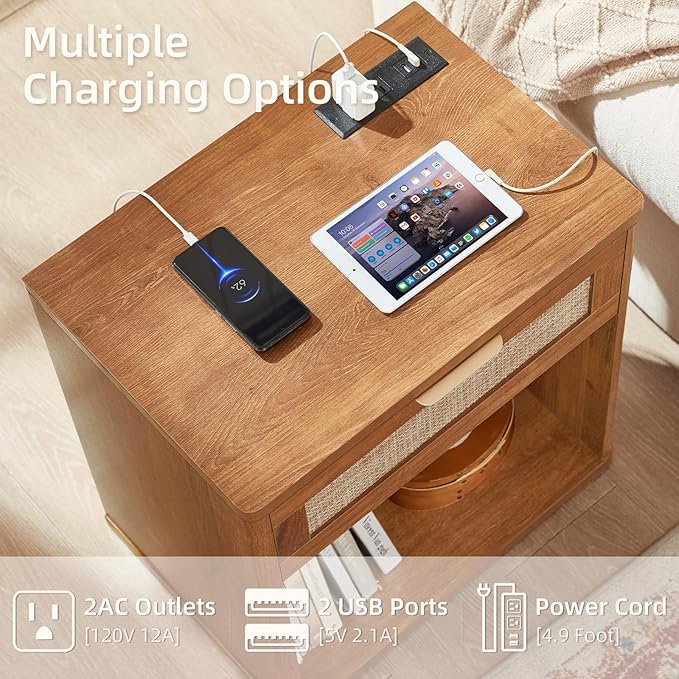 LEYAOYAO Rattan Nightstands Set of 2 with Charging Station, 23" Wide Boho Night Stand with Drawer, Natural Wood Bedside Table Open Cabinet, Bed Side End Table Dresser for Bedroom, Living Room, Hallway
