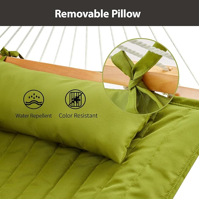 Outdoor Double Hammock with Hardwood Spreader Bars, Large Rope Hammock with Polyester Pad and Pillow, 475 LBS Capacity for 2 Person Patio Backyard Poolside - Green