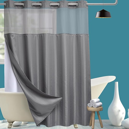 Extra Long No Hook Waffle Weave Shower Curtain with Snap in Liner Set, Hotel Luxury Grey Shower Curtains for Bathroom with See Through Top Window, Waterproof, Washable 71W x 84H Stripe
