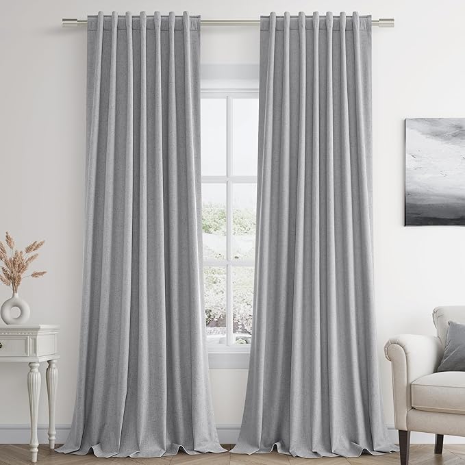 Guken Grey Linen Blackout Curtains 120 Inch Length 2 Panels Set for Living Room Bedroom Back Tab Thermal Insulated 100% Black Out Linen Drapes Room Darkening Window Curtains 120 Inches Long