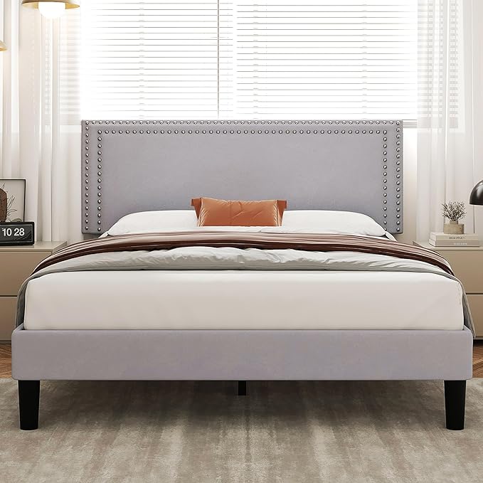 VECELO Full Size Bed Frame with Adjustable Upholstered Headboard, Wooden Slats Platform, Noise-Free Design, Easy Assembly