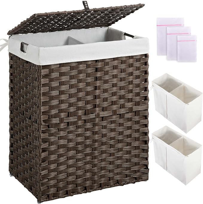 Greenstell Laundry Hamper with lid, No Install Needed, 90L Wicker Laundry Baskets Foldable 2 Removable Liner Bags, 2 Section Clothes Hamper Handwoven Rattan Laundry Basket with Handles, Brown
