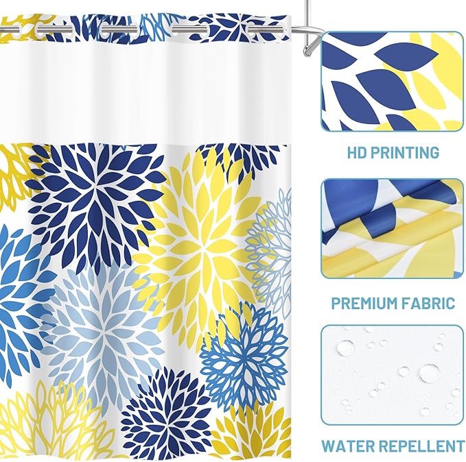 No Hook Shower Curtain with Snap in Liner - Dahlia Floral Shower Curtain - Fabric Waterproof Inner Liner, Plants Yellow Navy Blue Flowers Cloth Shower Curtains - Machine Washable, 71 x 74