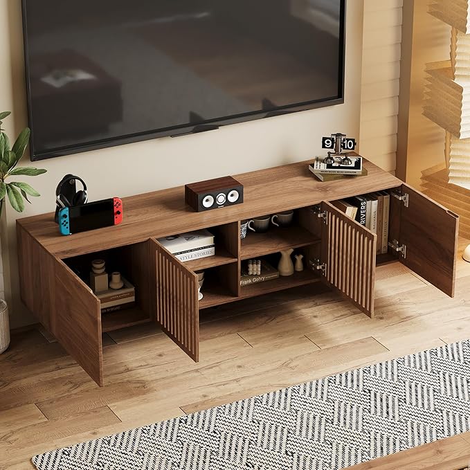 70.87″ Mid Century Modern Walnut TV Stand with Grille Doors, Storage Cabinets,Entertainment Center for TVs Up to 80",Media Console for Living Room or Bedroom
