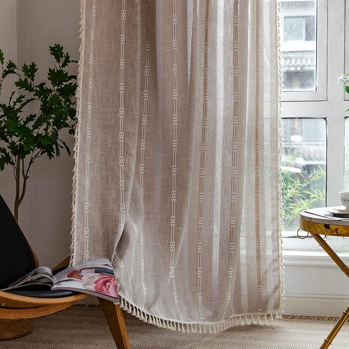 Linen Curtains 108'' Long for Living Room 2 Panels Set, Embroidery Curtains Tassel Boho Curtains for Bedroom Light Filtering Window Curtains Rod Pocket Drapes (52'' W x 108'' L,Khaki)