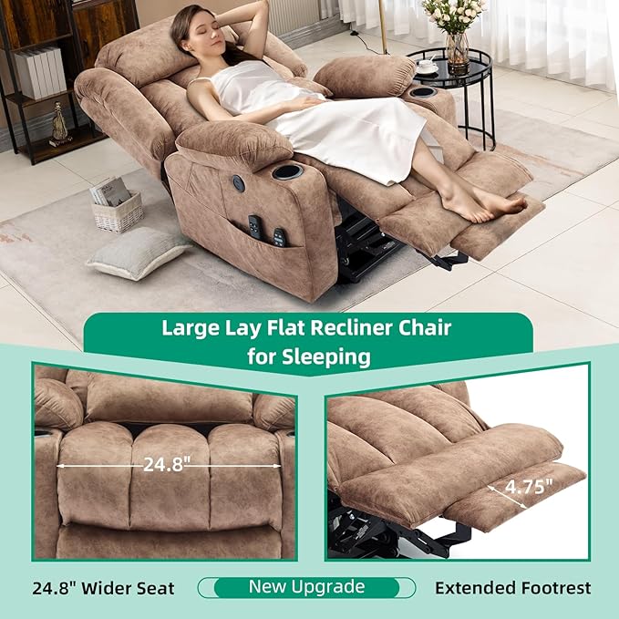 VIVIJASON Tall Man Large Dual Motor Power Lift Recliner Chair with Extended Footrest, Oversized Lay Flat Sleeper Electric Recliner W/Heat & Massage, Lumbar Pillow, USB & Type-C Ports, Plush Brown
