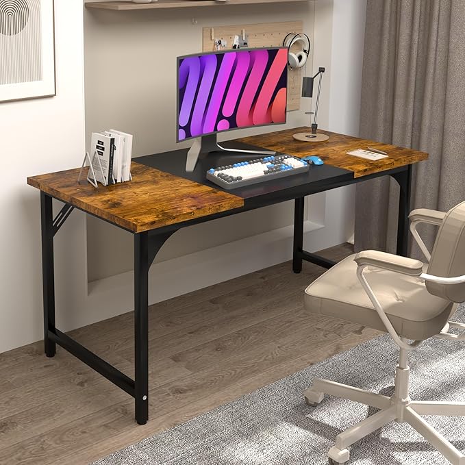47inch Computer Desk with Deeper Carbon Fiber Desktop, Gaming Office Desk with Sturdy Metal Frame,Home Office Desk for Gaming, Working, Studying, Rustic Brown