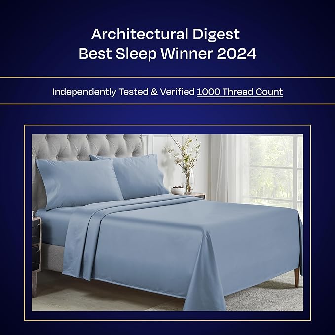 California Design Den Bed Sheets Queen Size Set - Luxury 1000 Thread Count Sateen, Thick and Natural 100% Cotton Bed Sheet, Deep Pockets, Soft, Breathable and Durable Bedding Set - Blue