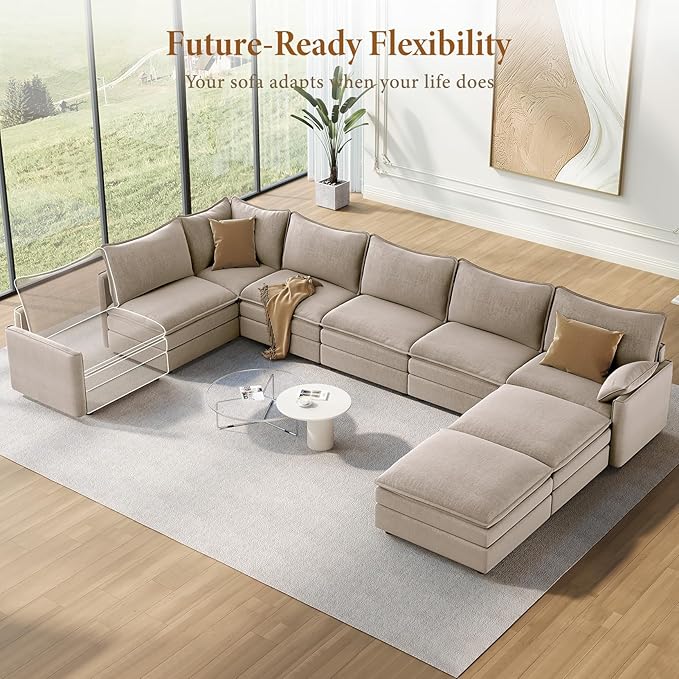 Vesgantti Large Modular Sectional Sofa, Big Comfy Cloud Couch with Ottoman Deep Seat Chenille Cloud Sofa, 8 Seater Large Sectional Couches for Living Room, Bedroom and Apartment, Light Brown