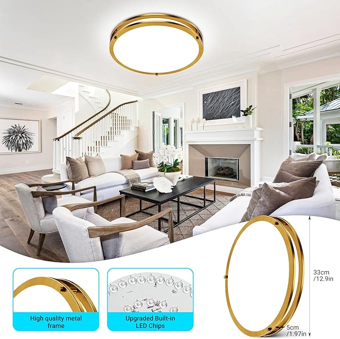 libtit 13 Inch LED Ceiling Lights with Remote for Bedroom Kitchen, 24W 2400lm Super Bright & Dimmable Flush Mount Light Fixtures, 2700K-6500K Adjustable Modern Lamps with Timer, Gold