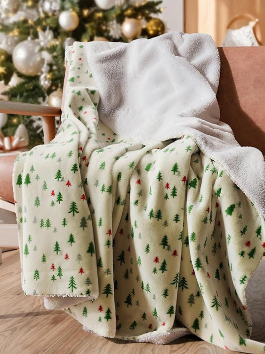 Christmas Sherpa Blanket Throw Size - Reversible Sherpa Fleece Blanket - Super Soft Double Sided Throw for Bed, Sofa, Couch - Thick, Warm, Cozy & Plush - Xmas Winter Bedding - Christmas Trees, 50x60
