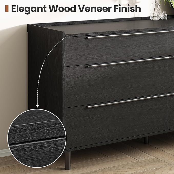 Modern Minimalist 60" Black Dresser for Bedroom, Large 6 Drawer Storage Cabinet with Sleek Metal Handles, Clothes Organizer Chest for Closet, Hallway, or Living Room