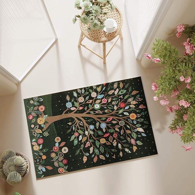 Door Mat Indoor Entrance 2x3 Rug Floral Tree Machine Washable Small Area Rug Bohemian Non-Slip Low Pile Throw Rugs for Entryway, Kitchen, Front Door Indoor Entrance, Entry, Kids Room, Green