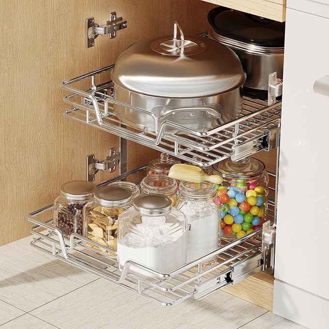 2-Tier Kitchen Cabinet Pull Out Shelf and Drawer Organizer Slide Out Pantry Storaqe Basket in Multiple Sizes (21" W x 21" D,)