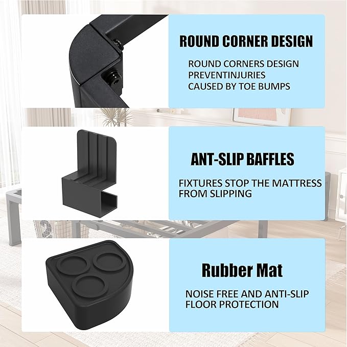 FUIOBYVV Queen Bed Frame with Round Corner Edge Legs, 14 Inch High 3500 lbs Heavy Duty Metal Platform Bed Frame Queen Size, No Box Spring Needed/Non-Slip/Steel Slat Support/Noise Free