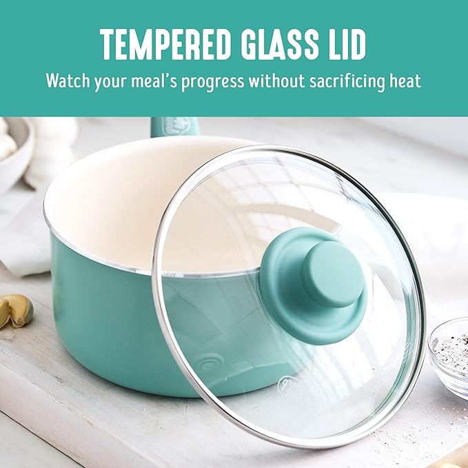 GreenLife 2 Quart Ceramic Nonstick Saucepan with Lid, PFAS-Free, Stay-Cool Handle, Multipurpose Kitchen Cooking Pot, Dishwasher & Oven Safe, Turquoise