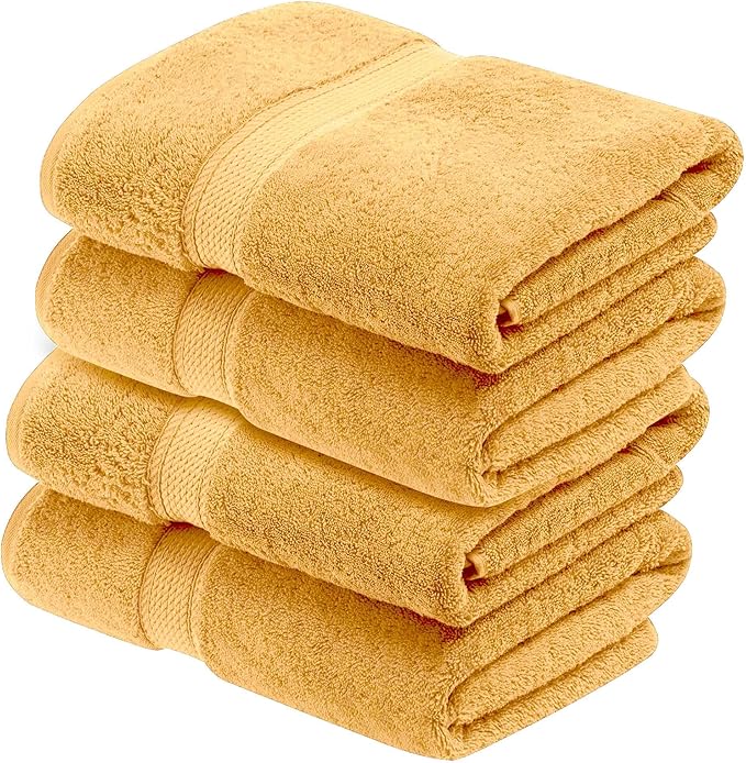 Superior Egyptian Cotton Pile Bath Towels, Ultra Soft Luxury Towel, Thick Plush Essentials, Absorbent Heavyweight, Guest Bath, Hotel, Resort, Spa, Pool, Home Bathroom, Shower Basics, Set of 4, Gold