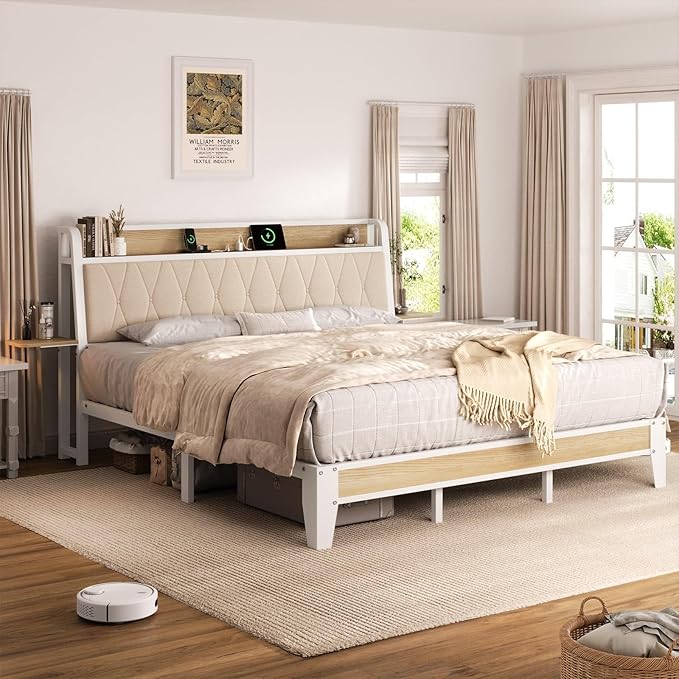 King Size Bed Frame with Side Storage Shelf, Ergonomic Upholstered Headboard with Charging Station, King Platform Bed Frame, Metal Slats Support, No Box Spring Needed, Easy Assembly, White