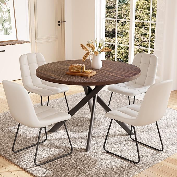 45.3 Inch Round Dining Table Set for 4, Mid Century Modern Small Coffee Set for Dining Room Kitchen Apartment (Walnut Table + 4 U-Shaped White Chairs)
