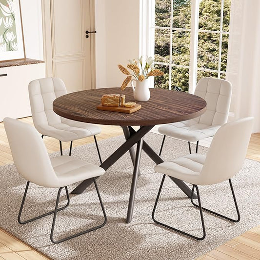 45.3 Inch Round Dining Table Set for 4, Mid Century Modern Small Coffee Set for Dining Room Kitchen Apartment (Walnut Table + 4 U-Shaped White Chairs)