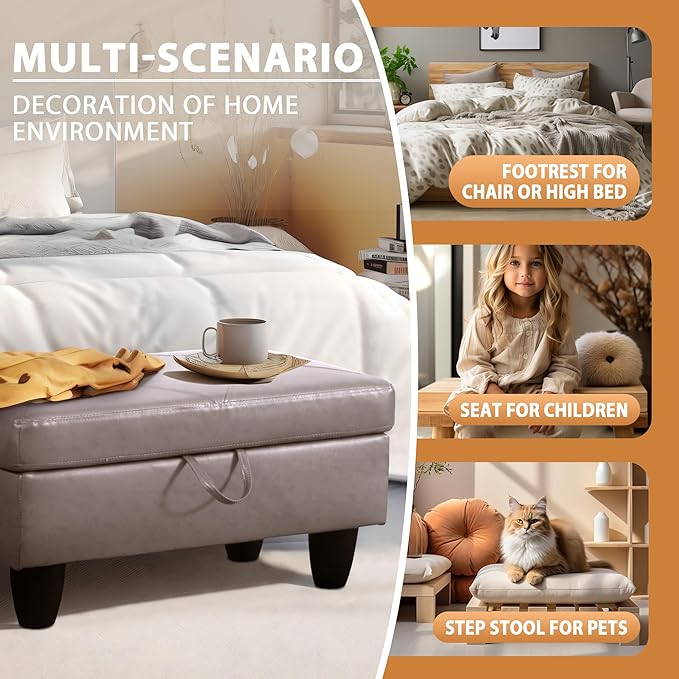 Ottoman Rectangular Storage Ottoman Bench, Faux Leather Footrest, Coffee Table, Stool Footstool with Hinged Lid for Living Room, Bedroom, Entryway, Champagne, 28.5"x19"x17.5"